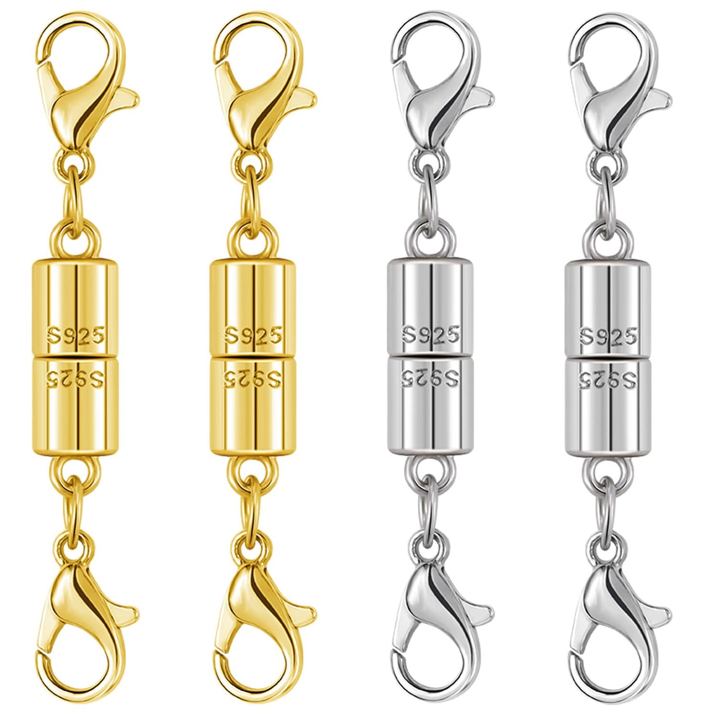 Magnetic Jewelry Clasps, 925 Sterling Silver, Strong Magnetic Closures for Necklaces and Bracelets (4pcs Golden Silvery)