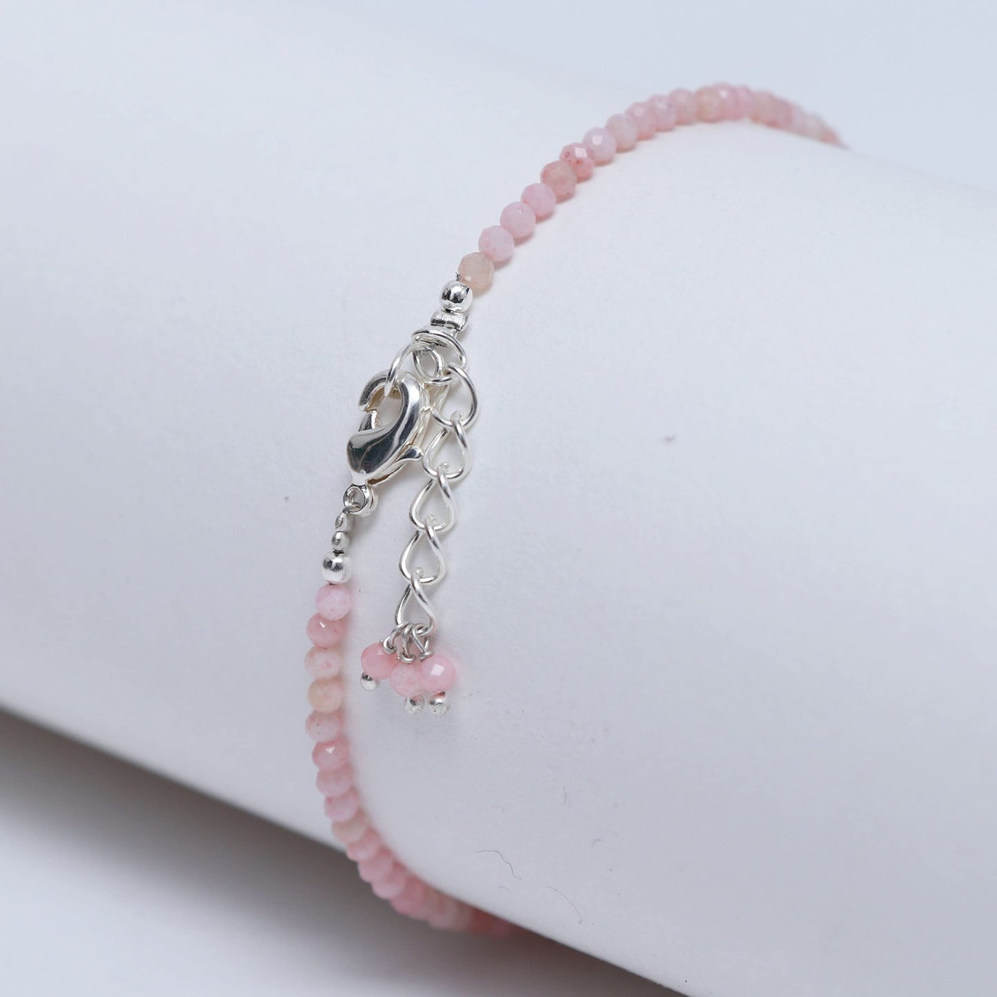 Gempires Handmade Pink Opal Gemstone Beaded Bracelet for Women | 2.4–2.5 mm Faceted Natural Stone | Adjustable 7+1 Inch Silver Plated Chain | Dainty Minimalist Stacking Jewelry | Soft Pink Stone Gift