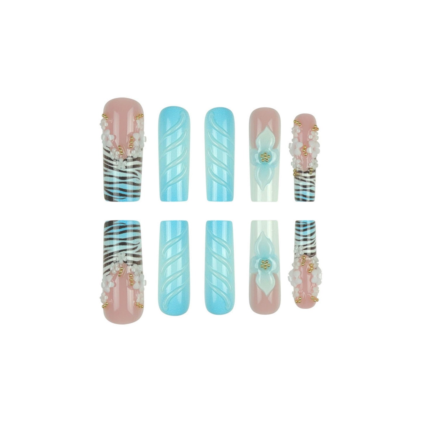Square Press on Nails Extra Long Artificial Nail Blue Flowers Stick on Nail 24pcs