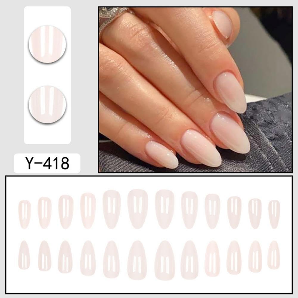 White Press on Nails Fall Medium Almond Fake Nails Glossy White False Nails Natural Soft Acrylic Nail Press ons Full Cover Reusable Artificial Nails for Women Girls Manicure 24Pcs