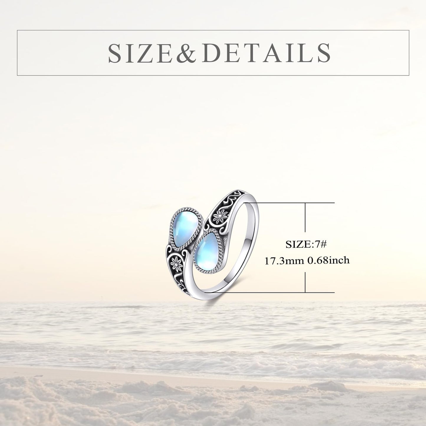 POPLYKE Sterling Silver Moonstone Filigree Spoon Ring Vintage Thumb Rings Boho Adjustable Open Ring Statement Jewelry Gifts for Women