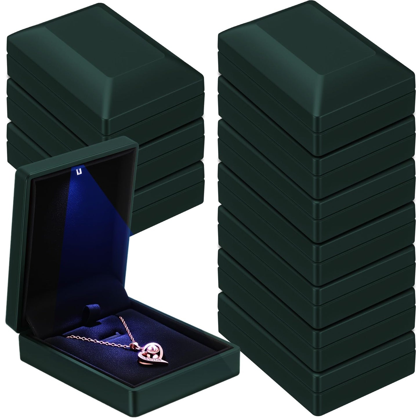 Landical 10 Pcs Pendant Necklace Box with LED Light Velvet Necklace Case for Pendant Bracelet Ring Earring, Jewelry Storage (Dark Green)