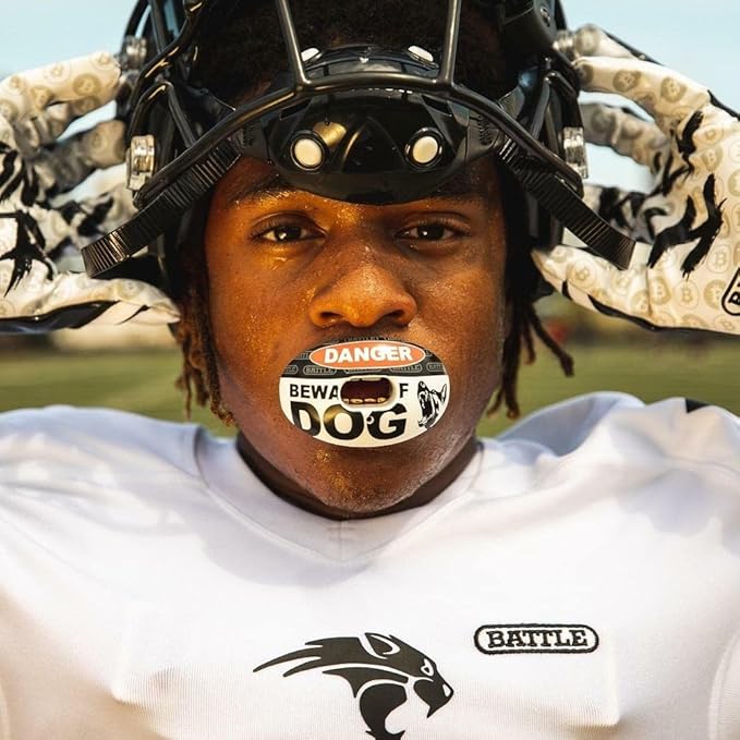 Battle Sports Oxygen Football Mouthguard - Football Mouth Guard with Strap, Superior Airflow & Better Performance, Maximum Breathability, Works with Braces - Beware of Dog/Red