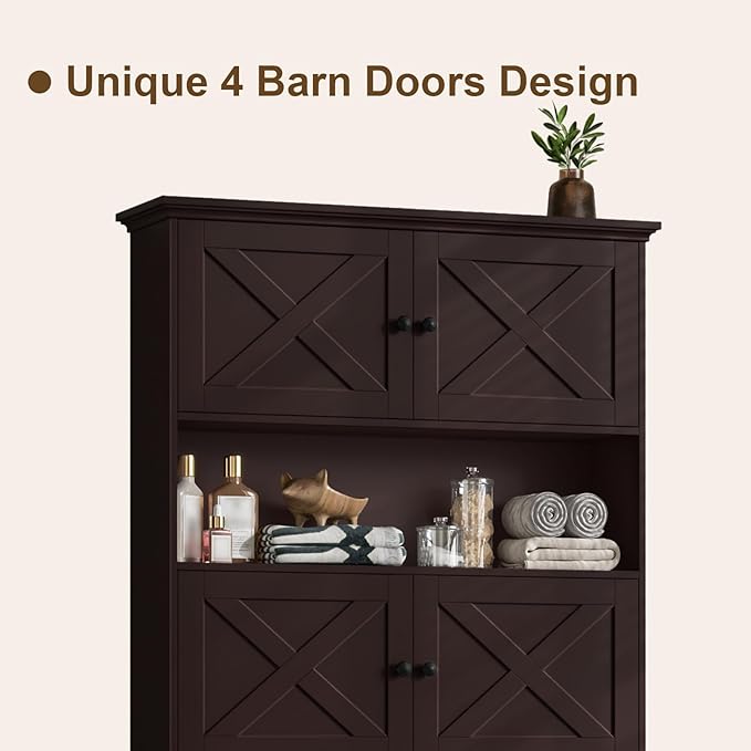 Over The Toilet Storage Cabinet, Farmhouse Storage Cabinet Over Toilet with 4 Barn Doors & Toilet Paper Holder Stand, Espresso Toilet Shelf Home Space Saver for Restroom, Bathroom, Laundry