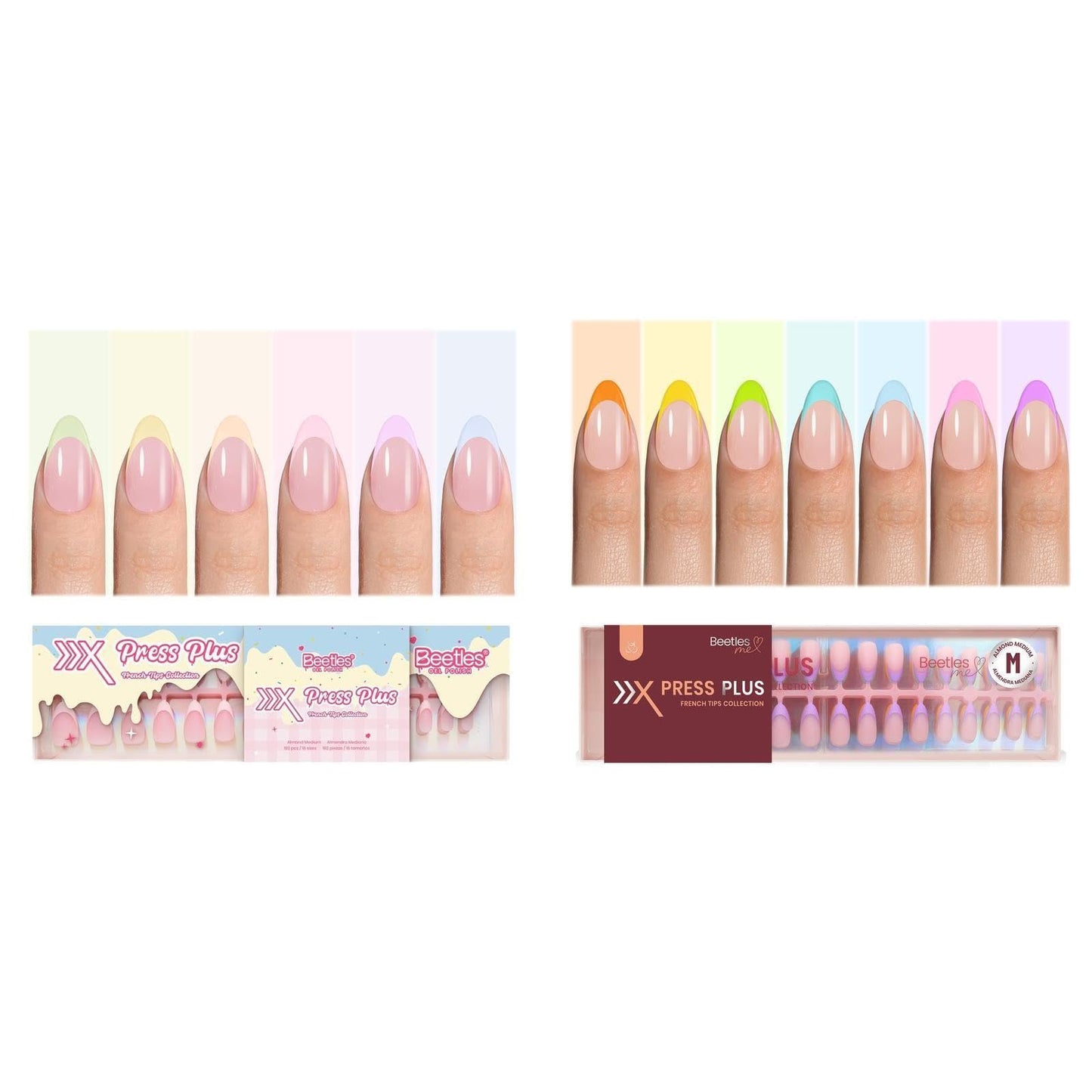 Beetles French Tips Press On Nails - Pastel Spring Medium Almond 6 Colors 192 Pcs with Summer Press On Nails 224 Pcs 7 Colors French Tip Medium Almond