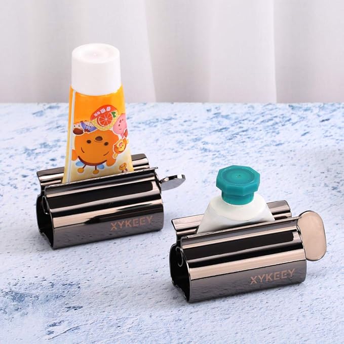 Toothpaste Tube Squeezer - Set of 3 Toothpaste Squeezer Rollers, Metal Toothpaste Tube Wringer Seat Holder Stand XYKEEY (Black)