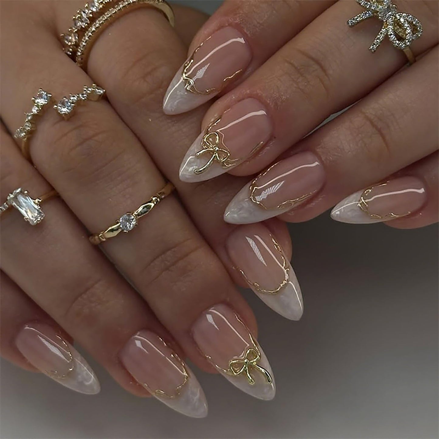 French Tip Press On Nails Almond Medium Fake Nails Nude Pink False Nails With Gold Bow Designs Acrylic Nail Press Ons Full Cover Glue On Nail Reuseable Stick On Nails For Women 24Pcs