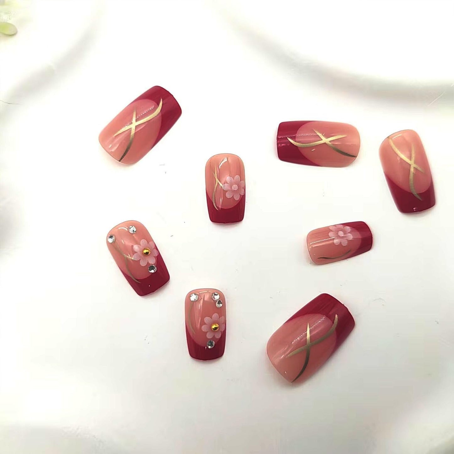 French Tip Press on Nails Square Medium Fake Nails Silver Lines Yellow Rhinestones Pink Flower Designs Glossy Nails Press ons Nude Glue on Nails Acrylic Artificial Stick on Nails for Women 24Pcs