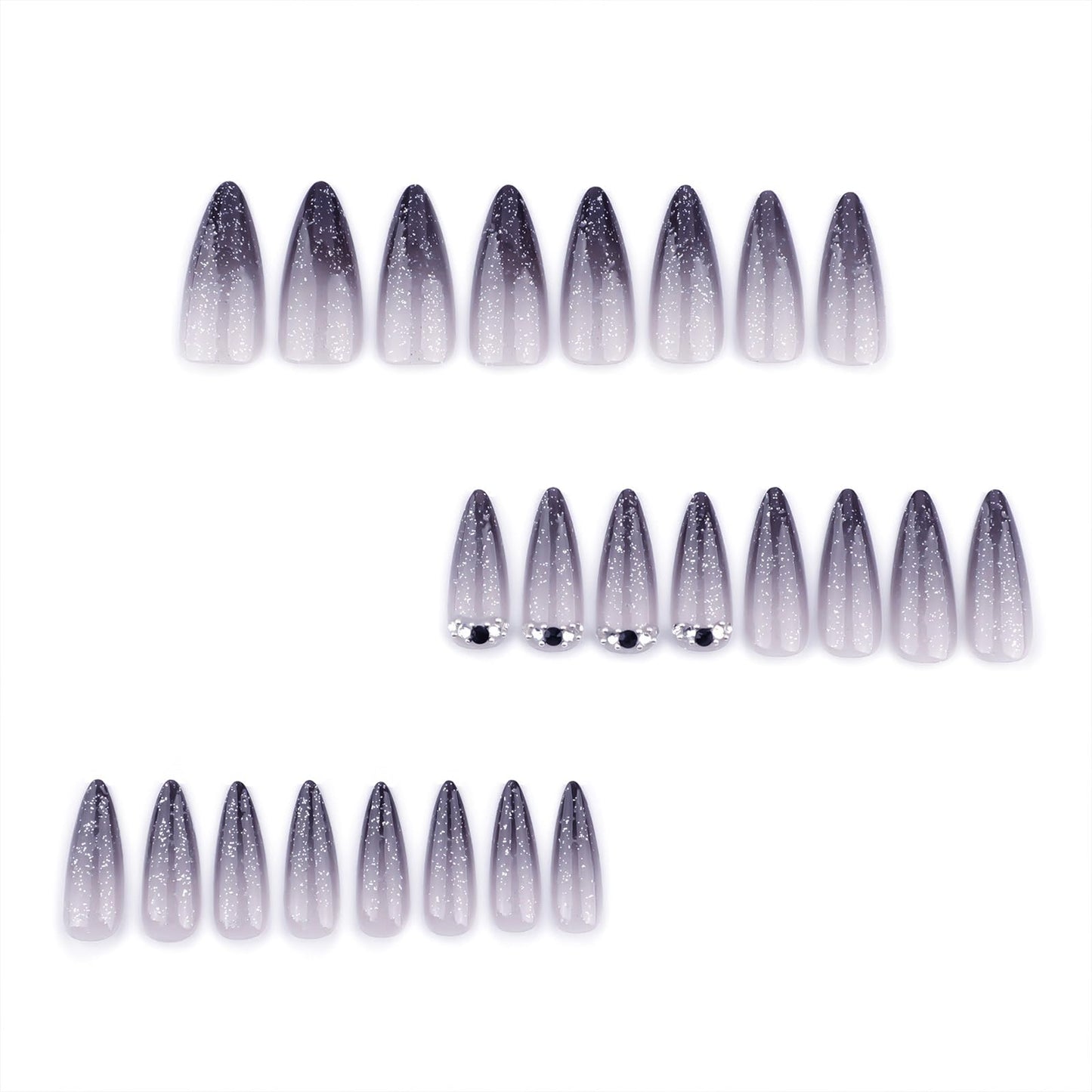 SINHOT Stiletto Press on Nails Long Fake Nails Glossy Glue on Nails Black Gradient Acrylic Nail Almond Artificial Nail Bling Glitter False Nail with Design 24 pcs