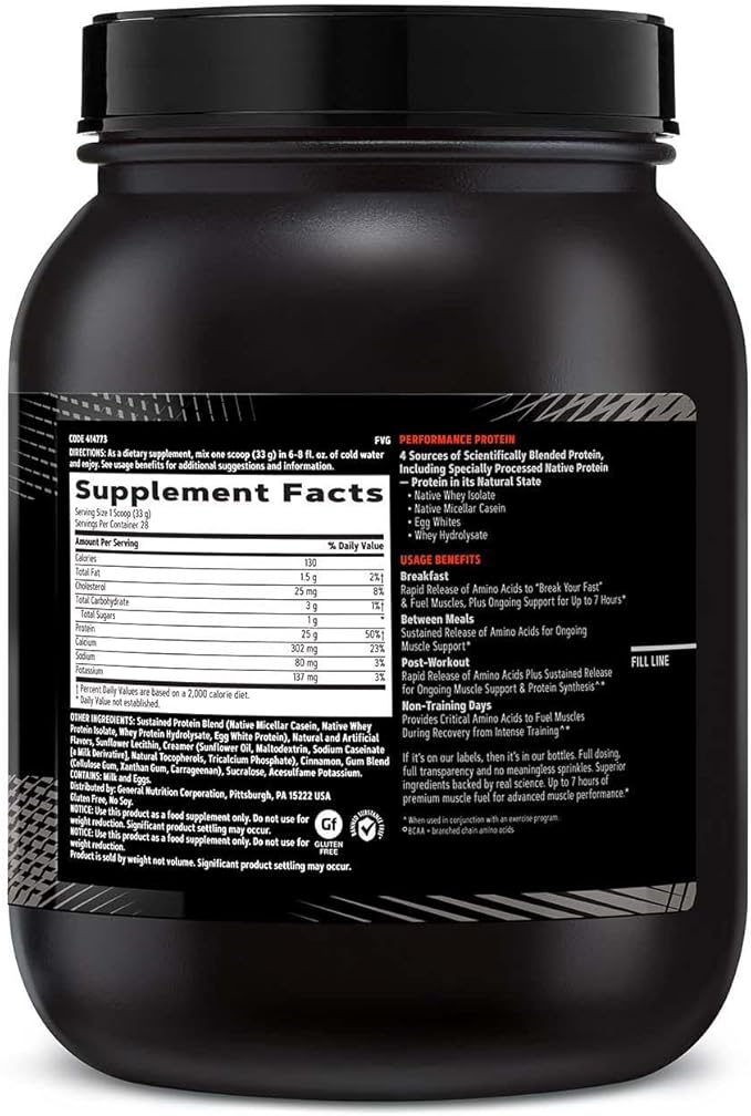GNC AMP Sustained Protein Blend | Targeted Muscle Building and Exercise Formula | 4 Protein Sources with Rapid & Sustained Release | Gluten Free | Cinnamon Toast | 28 Servings
