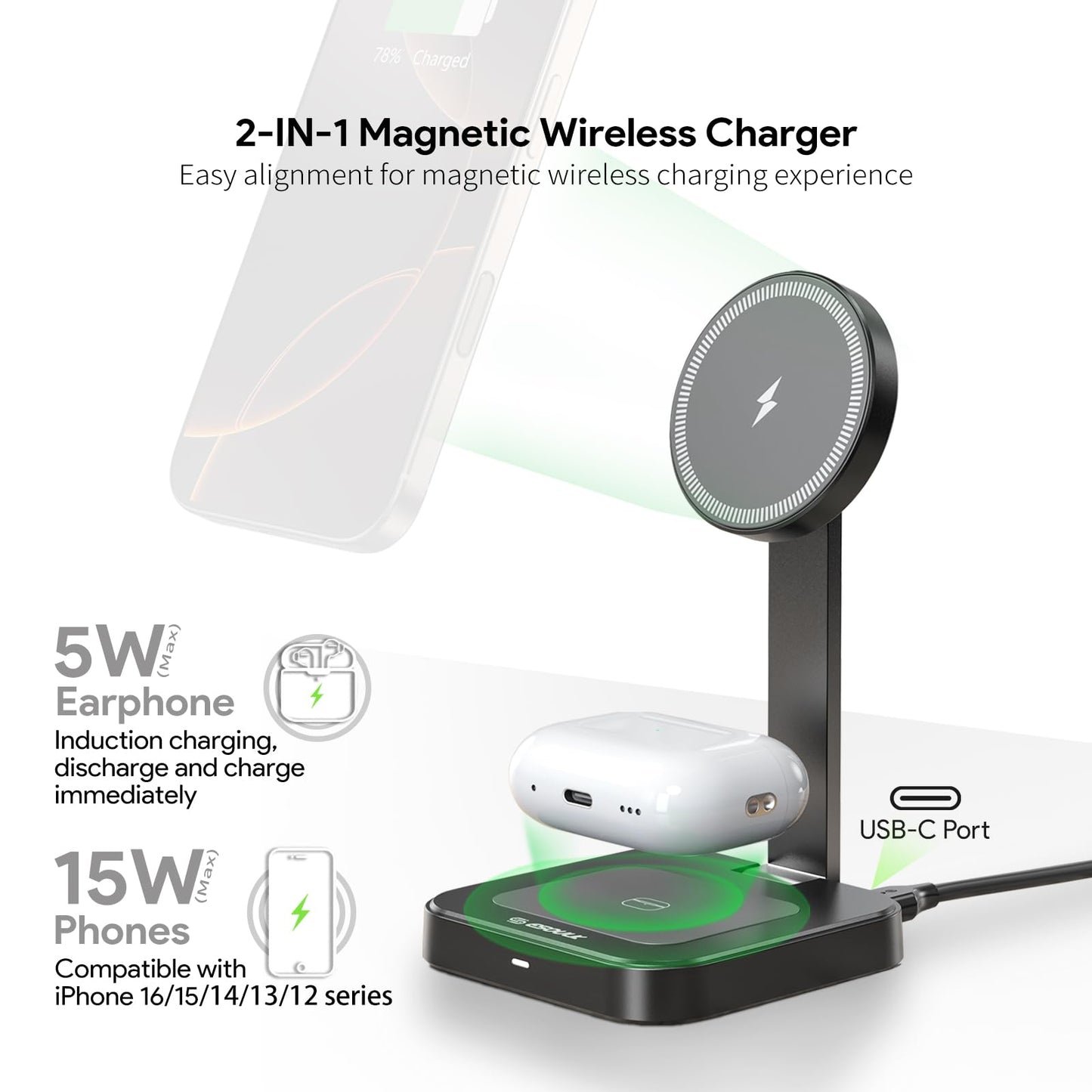 Esoulk 2 in 1 Magnetic Wireless Charging Station, Foldable Charger Stand for iPhone 17/16/15/14, AirPods Charging Pad, Travel Compact 15W Fast Wireless Charger