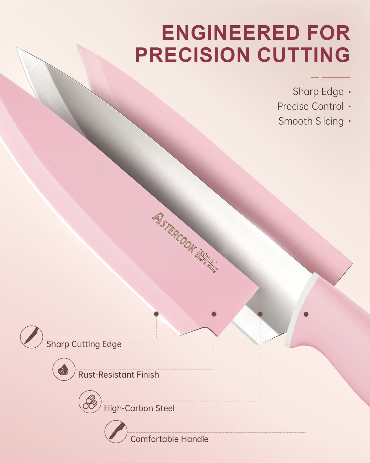 Astercook Knife Set with Block and Sharpener, 22 Piece Kitchen Knife Set Dishwasher Safe, Space-Saving Clear Knife Block with Knives for Everyday Home Cooking Mothers Day Gifts Pink