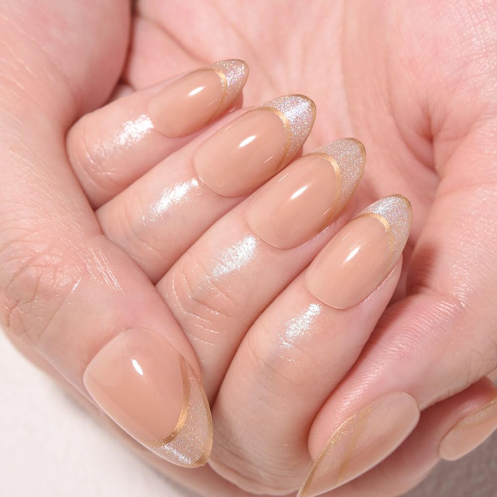 evpct French Tip Press On Nails Short Almond, Nude + Gold Line & Glitter Tips, Short Almond Fake False Press on Nails, Soft Gel Stick on nail Press ons with Nail Kit, Reusable Salon Quality