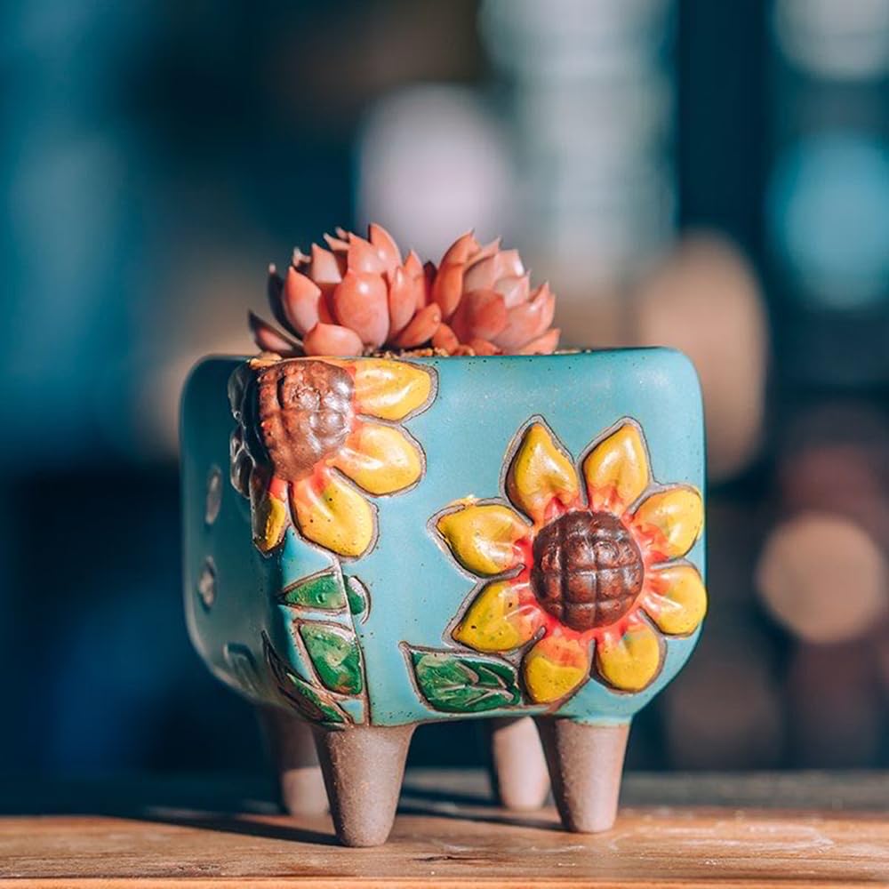 Summer Impressions 3.63 Inch Hand Painted Square Succulent Planter with Drainage and Clear Plastic Saucers Cactus Planter Pot Clay Pot Sunflowers Indoor Outdoor Pack of 3