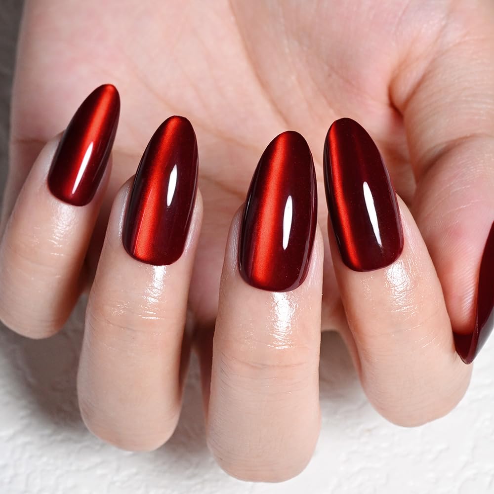 evpct Ruby Red Cat Eye Chrome Press on Nails Almond Medium with Design, Red Holographic Medium Almond Stick on Fake Nails for Women, Glossy Cat Eye Effect, Perfectly Fit Salon-quality Soft False Nail