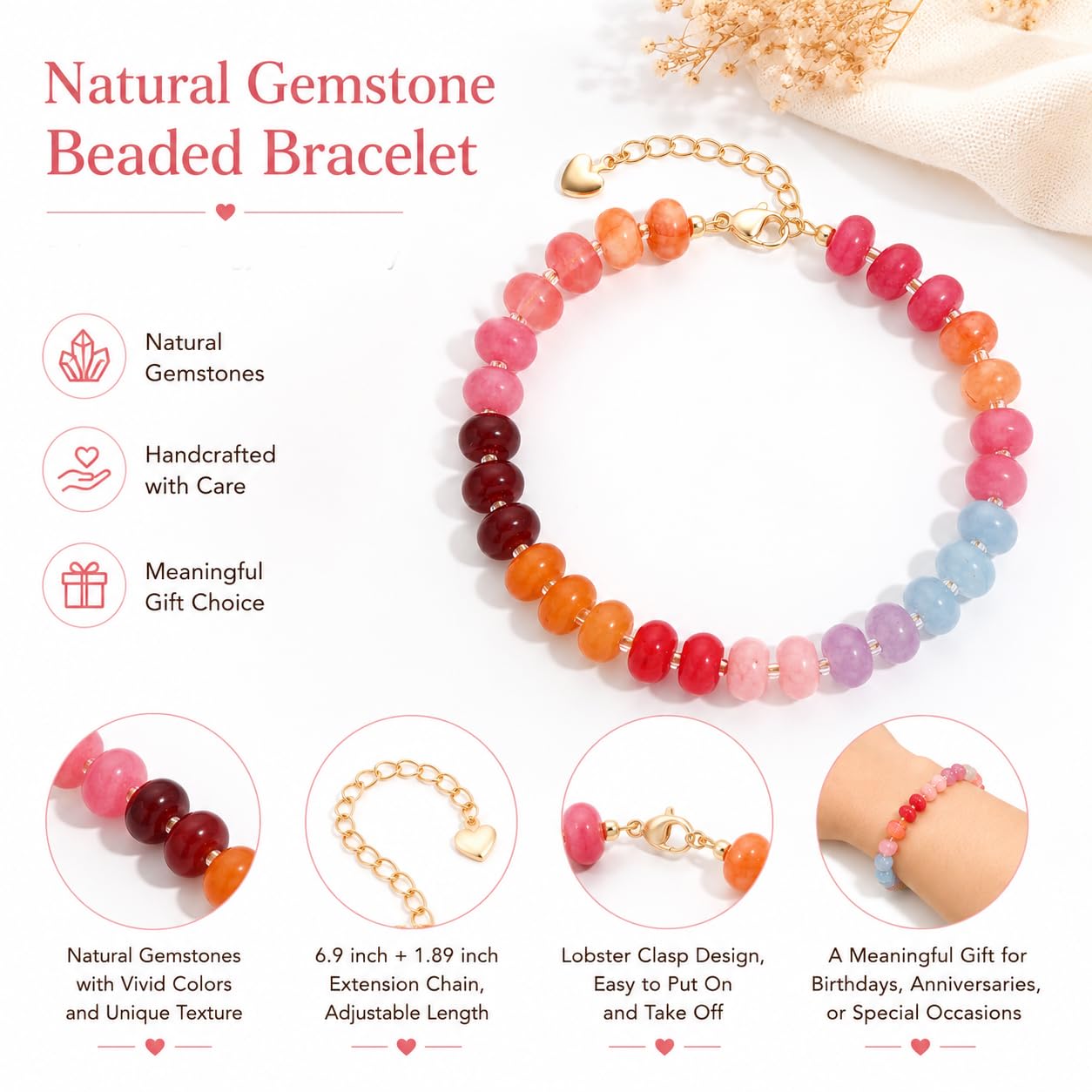 chorfla Colorful Natural Stone Beaded Bracelets for Women, Boho Handmade Gemstone Bracelet, Adjustable Summer Beach Jewelry