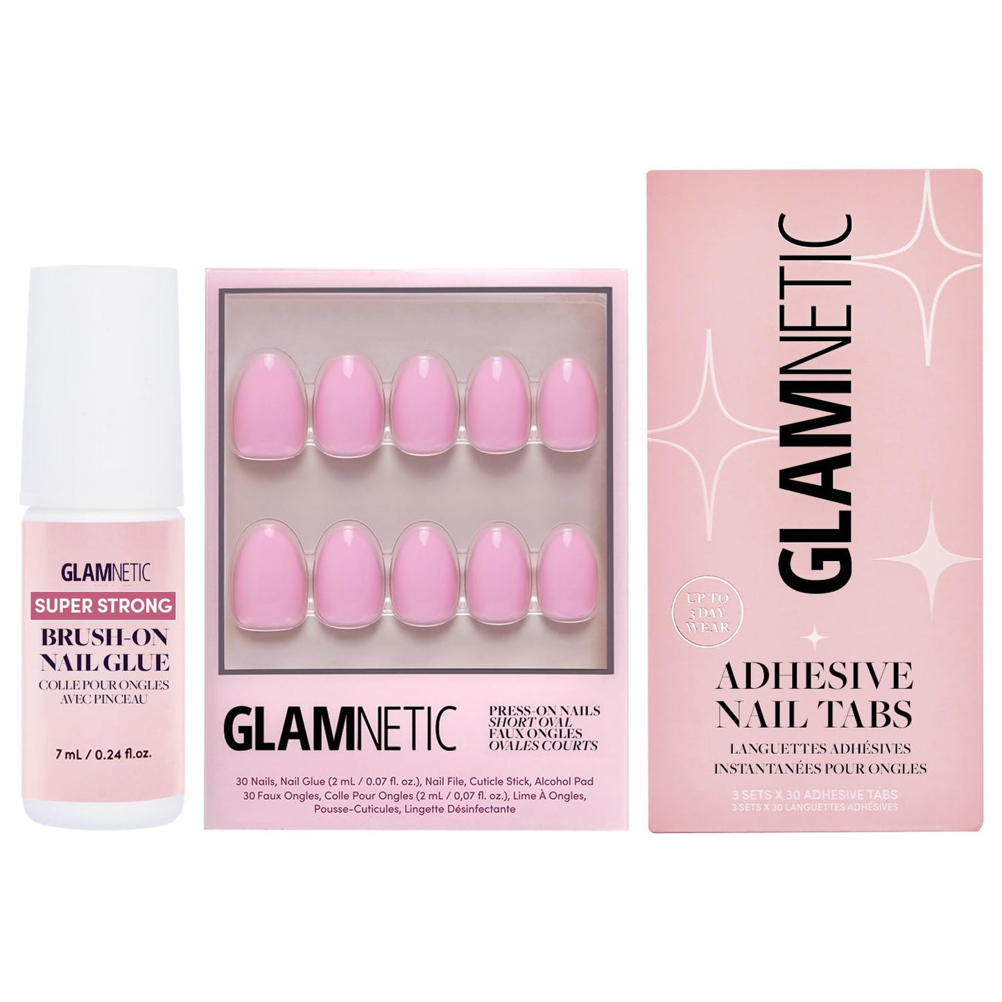 Glamnetic Press-On Nails - Think Pink | Super Strong Brush On Nail Glue & Nail Adhesive Tabs | Solid Opaque Light Pastel Pink Short Oval Nails, Reusable | 15 Sizes - 30 Nail Kit