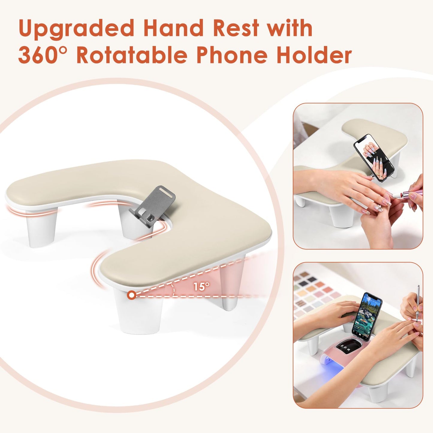 LIONVISON Arm Rest for Nails Tech: U Shaped Ergonomic Nail Hand Rest Stand PU Leather with Rotating Phone Holder for Nail Salon Manicurist (Beige)