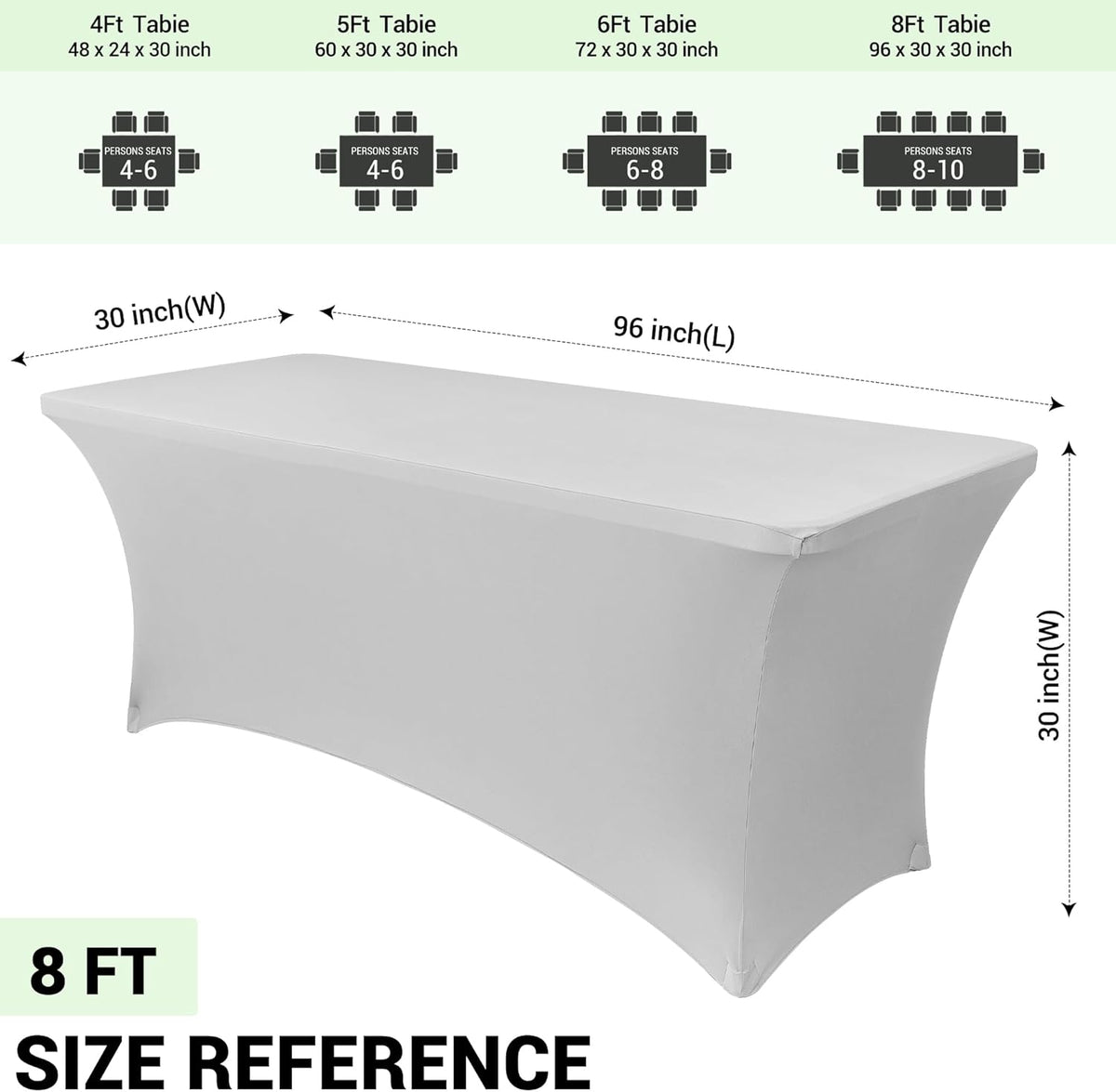 Obstal 8Ft Stretch Spandex Table Cover for Standard Folding Tables - 2 Pack Universal Rectangular Fitted Tablecloth for Party, Banquet, Events, Trade Show (Silver, 96L x 30W x 30H Inches)