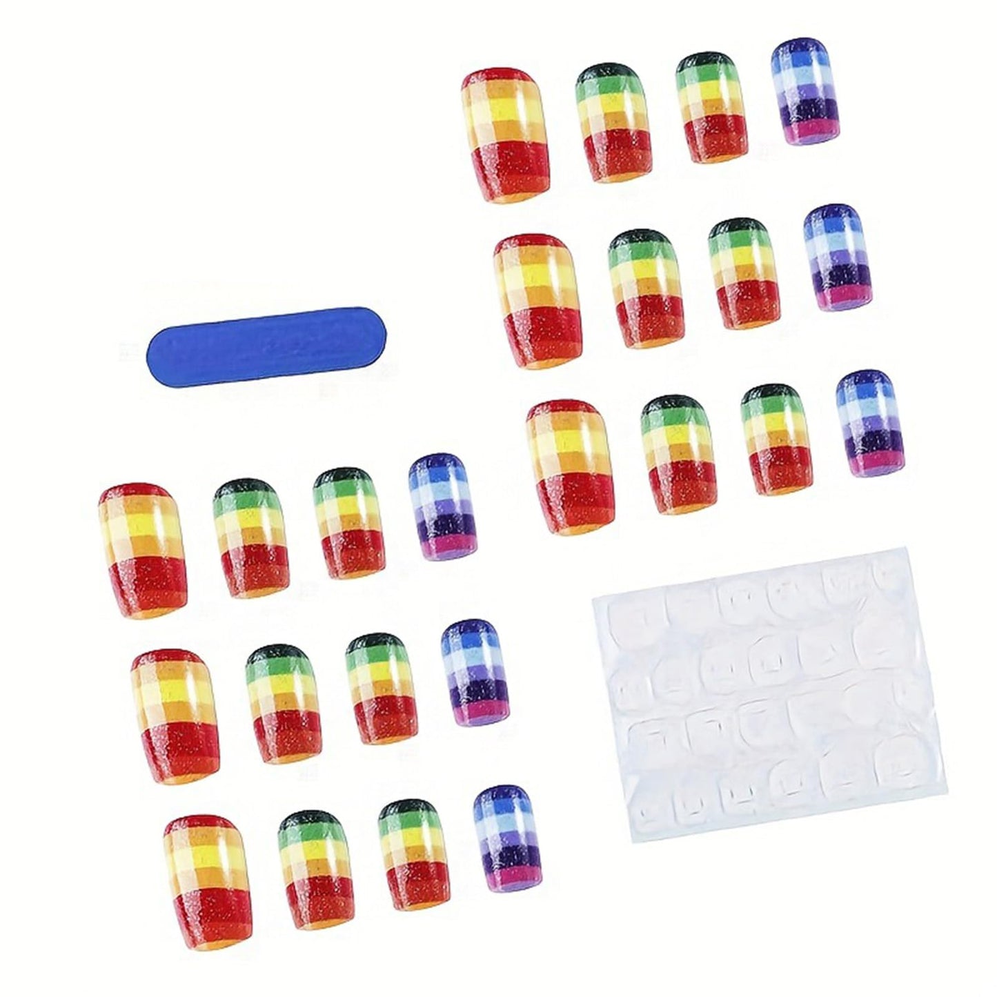 Rainbow Glitter Press on Nails Medium Square Fake Nails with Colorful Stripes Design Summer Glue on Nails Glossy Holiday False Nails Reusable Full Cover Stick on Nails for Women 24Pcs