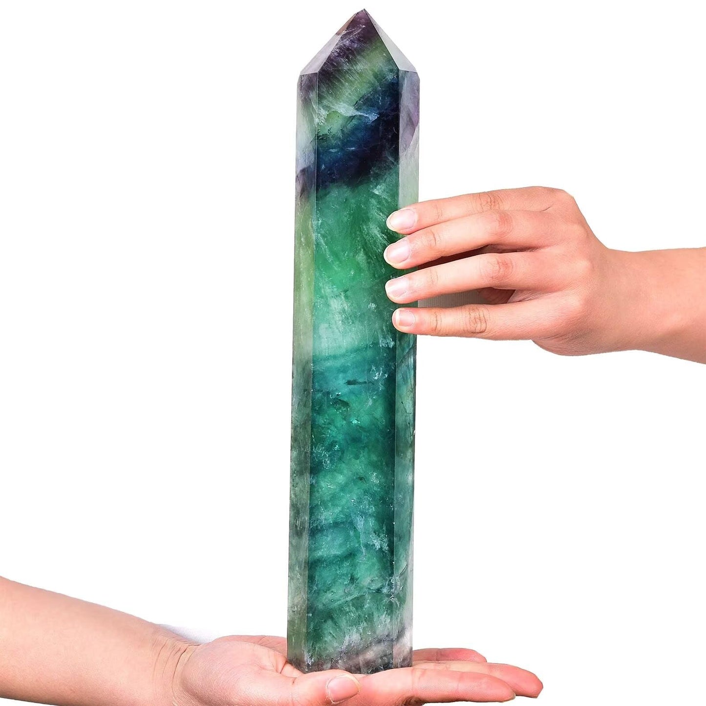AMOYSTONE Extra Large Healing Crystal Obelisk Towers Green Purple Fluorite Point Wand Home Decor Reiki Healing 2.2-2.6LBS