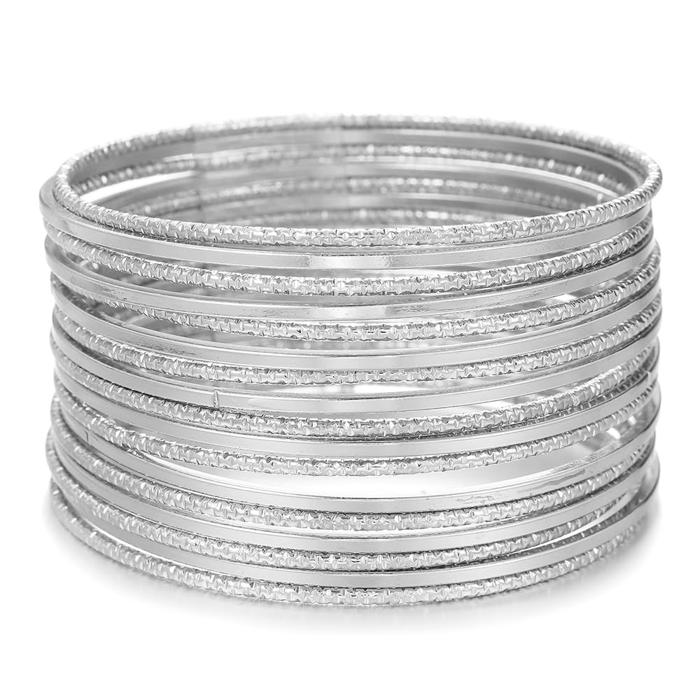RINTOLER 17Pcs Silver Bangle Bracelets for Women - Multi Layer Stackable Textured Bracelets Boho Jewelrys Set. (P-Sets 17pc Silver)