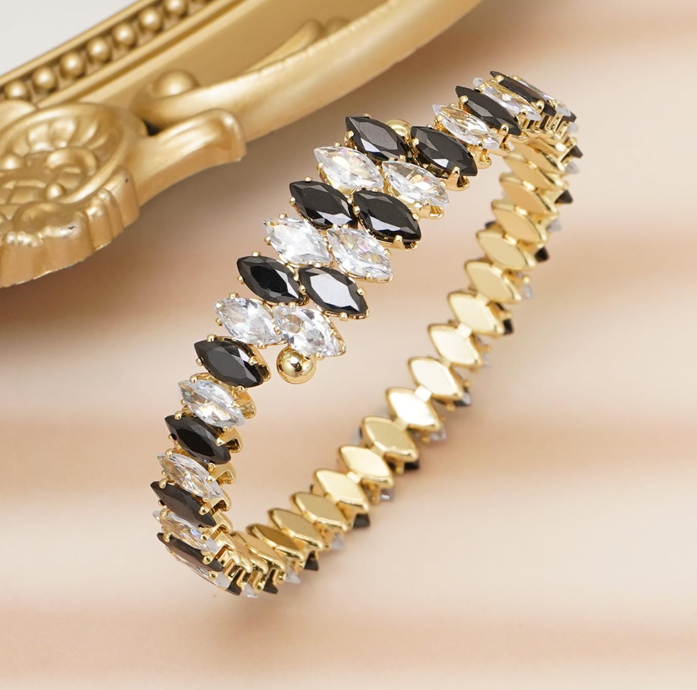 Wovanoo Rhinestone Cuff Bracelet Cubic Zirconia Tennis Bracelets Open Adjustable Bangle for Women Gold White Black
