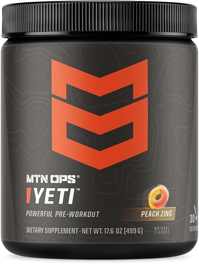 MTN OPS Yeti Pre-Workout Powder Energy Drink with Creatine, 200mg Caffeine & BCAAs with Beta Alanine, 30-Serving Tub, Peach Zing
