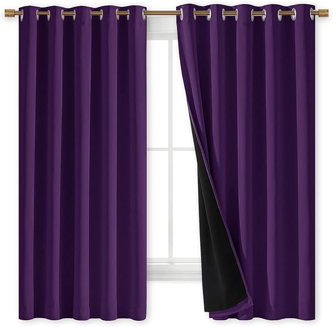 NICETOWN 100% Blackout Curtains with Black Liners, Royal Purple, 2 Panels, 62-inch W by 63-inch L, Thermal Insulated Full Blackout 2-Layer Lined Drapes, Energy Efficiency Window Draperies for Bedroom