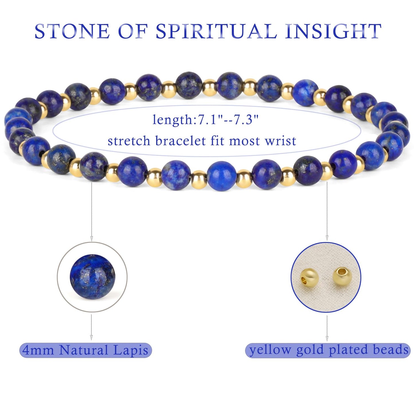 QOGIR Lapis - Stone of Spiritual Insight - 14K Gold Plated Beads Natural Gemstone Stretch Elastic Dainty Healing Beaded Bracelets Gifts 4mm