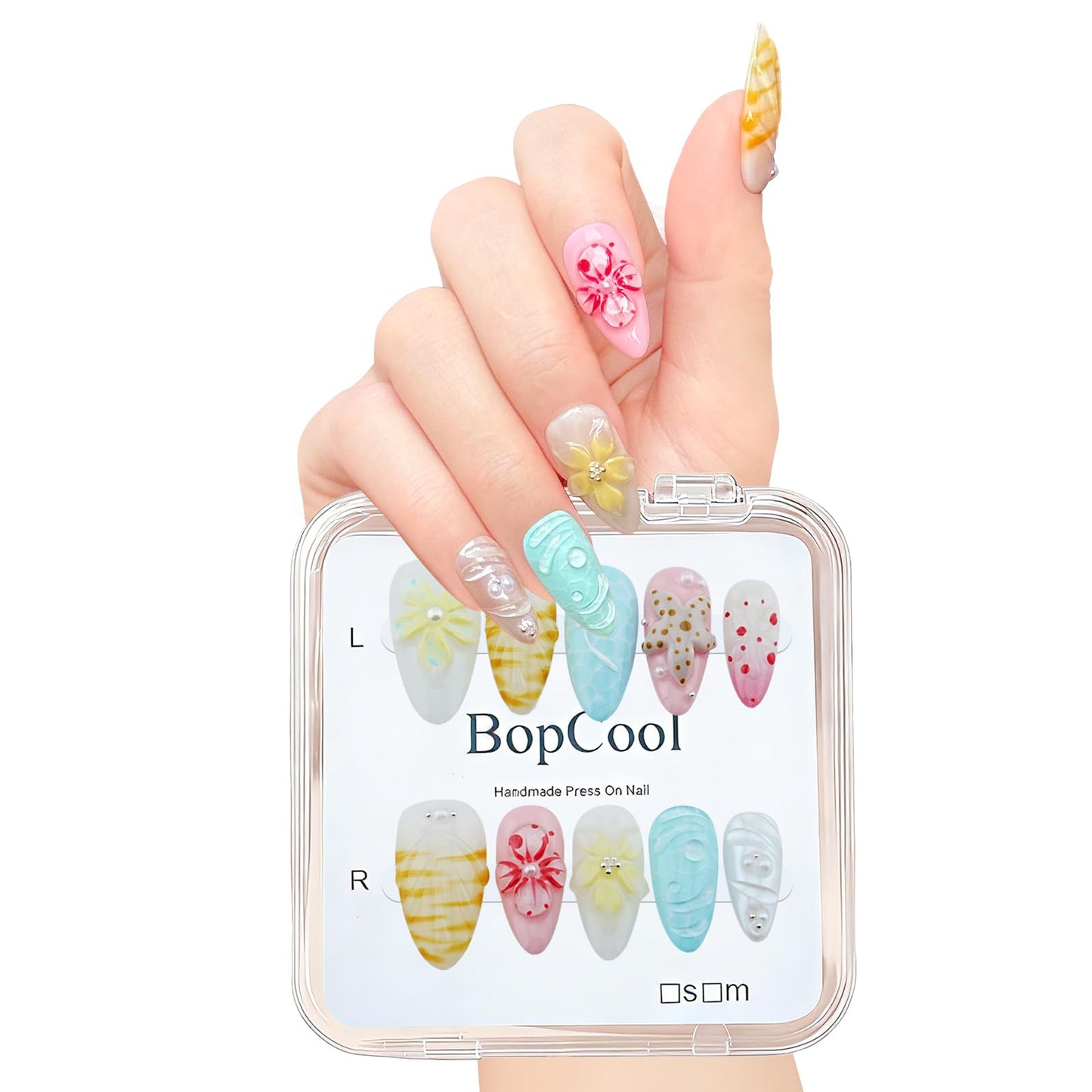 Luxury Handmade Press-On Nails – Medium Almond 3D Flower & Pearl French Tip, Blue Ocean Spring Pattern Reusable Acrylic False Nails (M-10PCS)