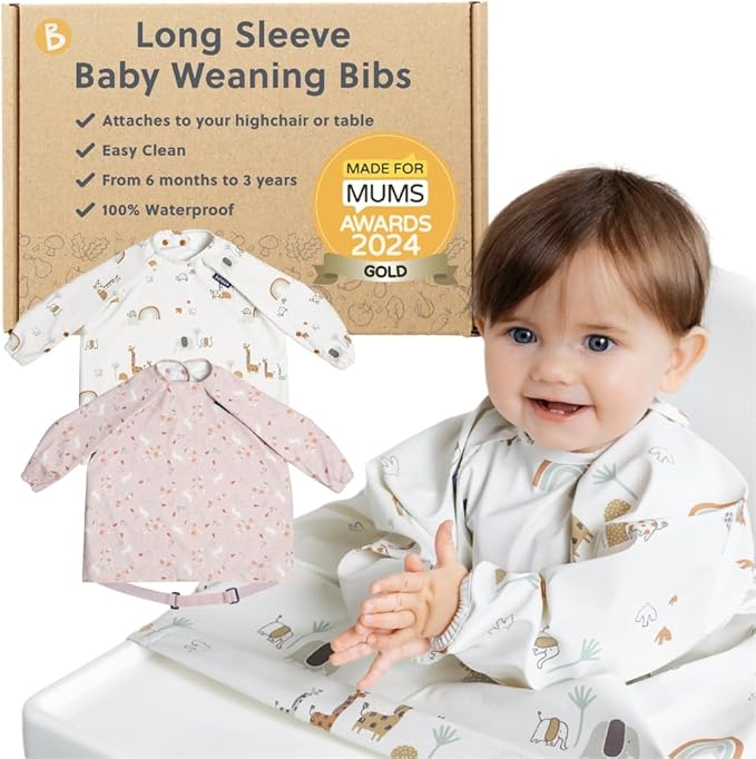 BIBaDO - Long Sleeve Baby Bibs - Babies & Toddlers 6-36 Months - Coverall Baby Led Weaning Bib - Easy Wipe, Soft & Waterproof