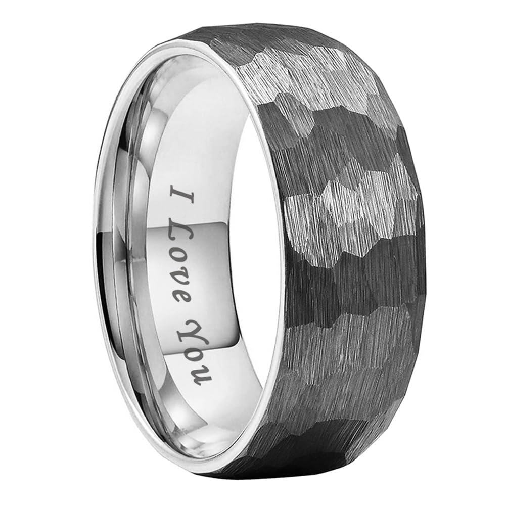 TUTISS 8mm Hammered Tungsten Carbide Rings for Men Women Engagement Wedding Bands Domed I Love You Engraved Comfort Fit Size 8