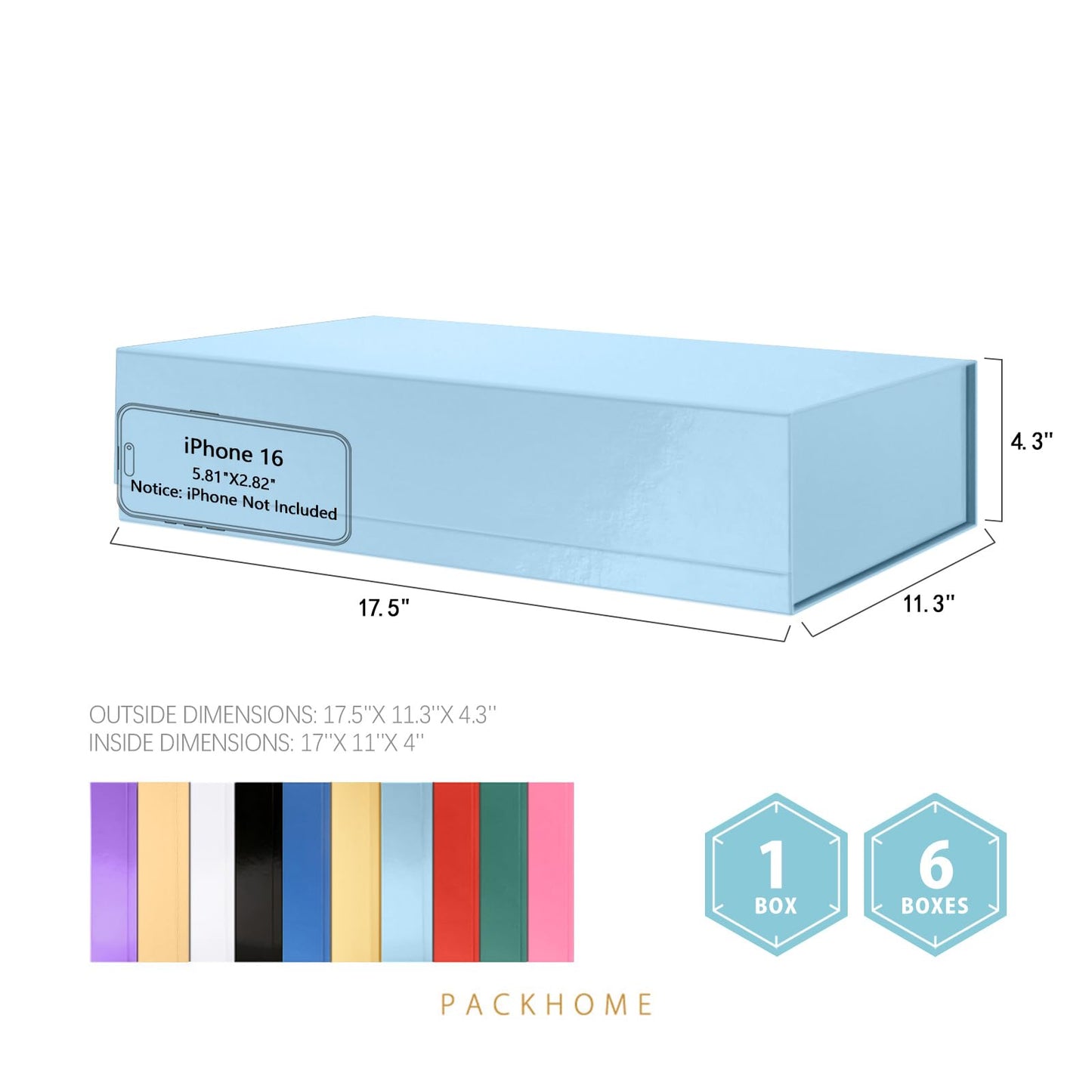 PACKHOME Extra Large Gift Box 17.5x11.3x4.3 Inches, Sturdy Shirt Box with Magnetic Lid for Clothes and Large Gifts (Glossy Light Blue)