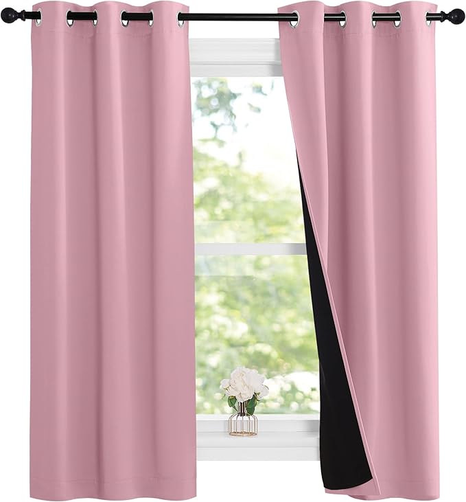 NICETOWN 100% Blackout Short Curtains with Black Liners, 2 Panels, 37" W by 60" L, Crystal Pink, Thermal Insulated Full Blackout 2-Layer Lined Drapes, Energy Efficiency Window Draperies for Bedroom