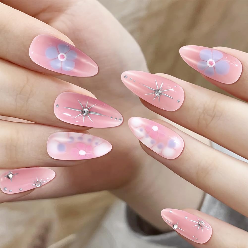ADAIER Handmade Press On Nails, French Nails,wedding, party,Short Coffin Nails Set for Handmade,Reusable Opaque Nails in 10 Nail Kit for Women(Z-02) (Pink, S)