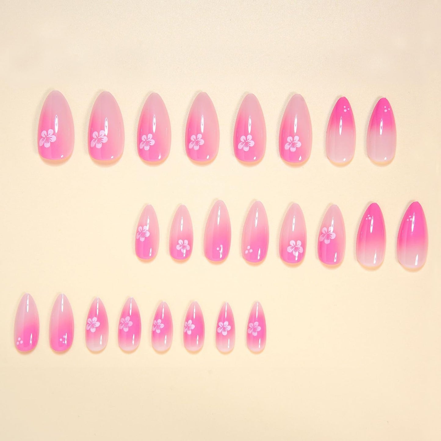 MISUD Press on Nails - Medium Almond Fake Nails with Pink Ombre, Acrylic Flower Design 24 pcs