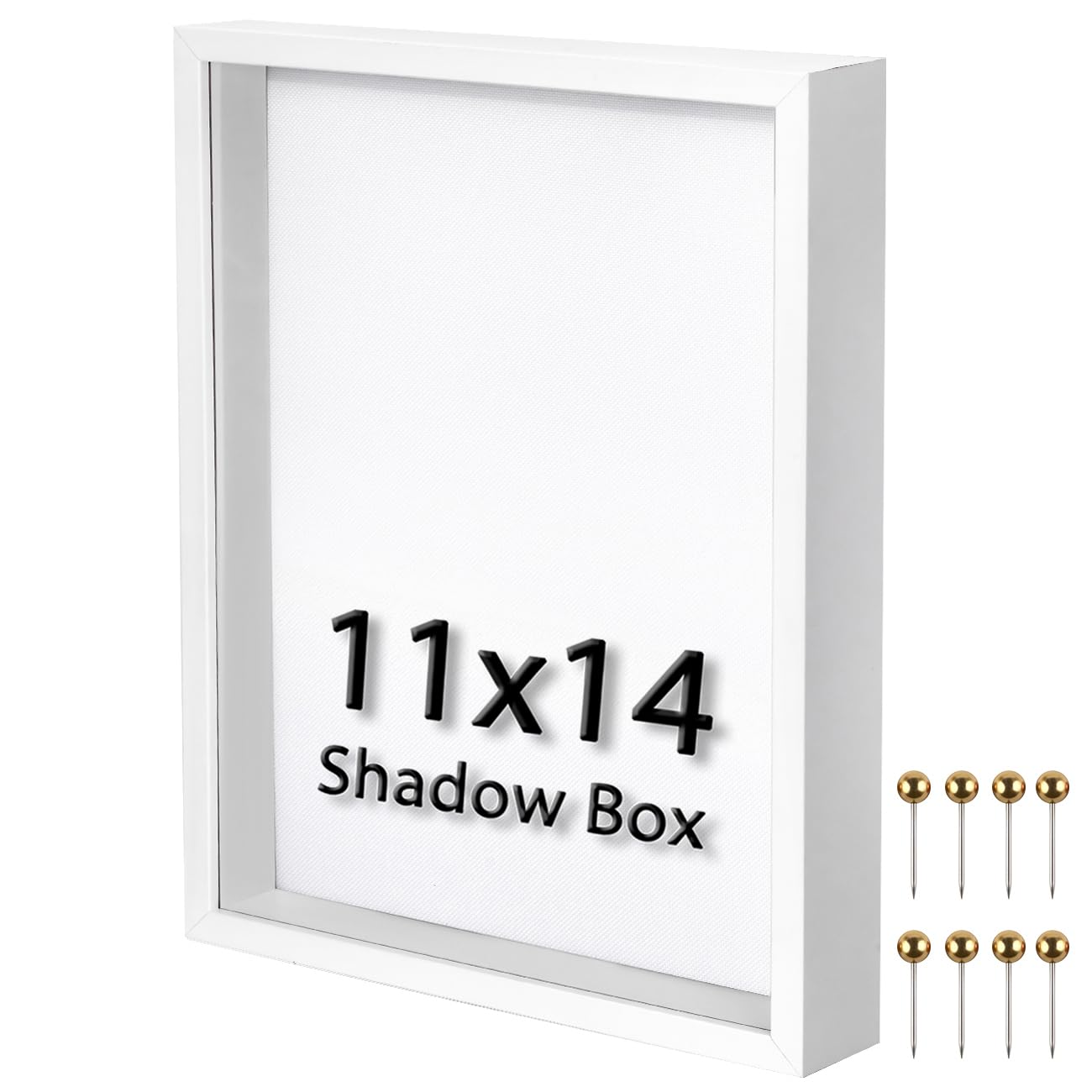 11x14 Shadow Box Frame | Soft Linen Back & Push Pins Included, Polystyrene Glass Memory Display Case for Flowers, Tickets & Cherished 3D Items, White