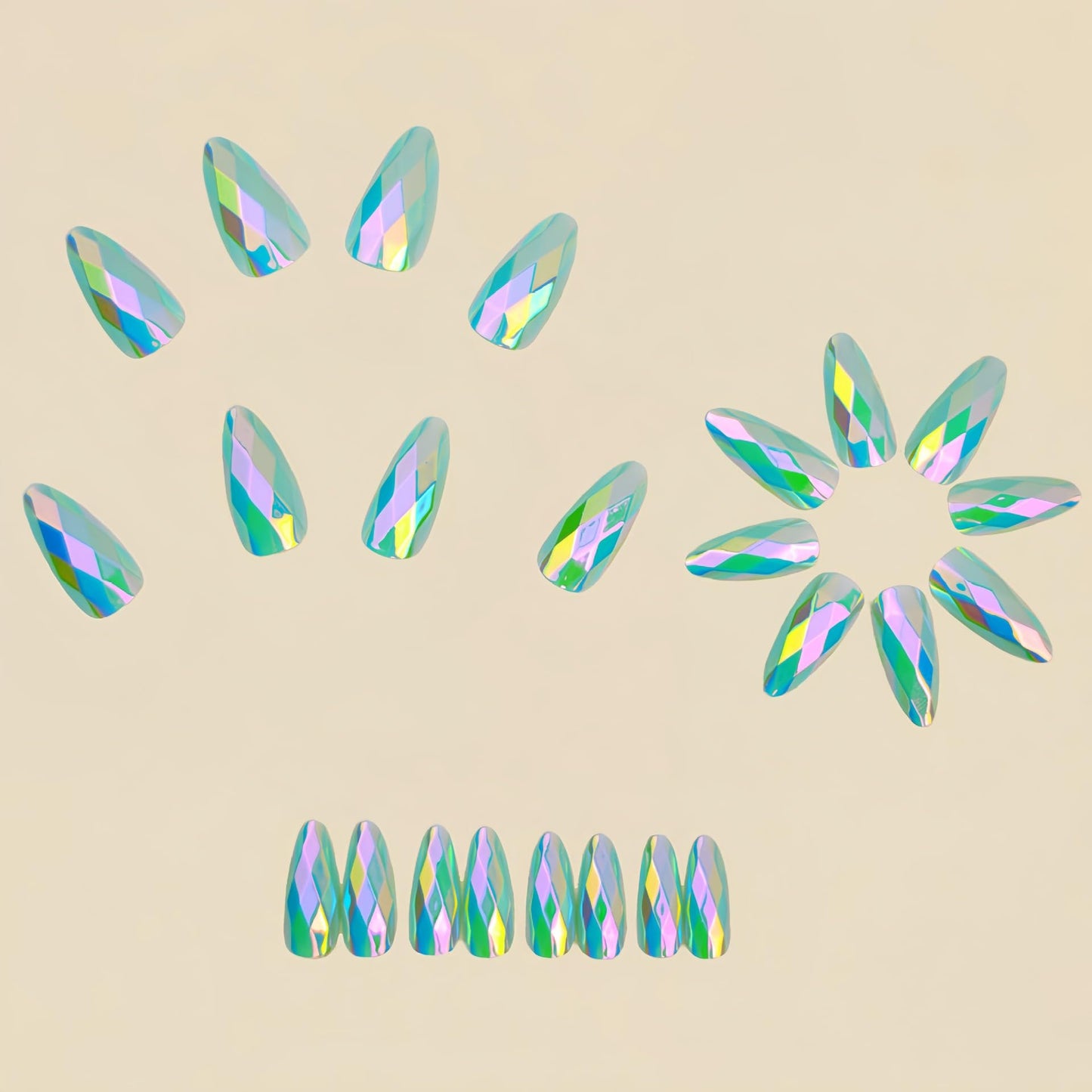 RUOKEXIN Almond Press on Nails Medium Length Fake Nails Light Blue Chrome False Nails with 3D Rhombus Designs Full Cover Nail Press ons Sparkly Artificial Nails for Women 24Pcs