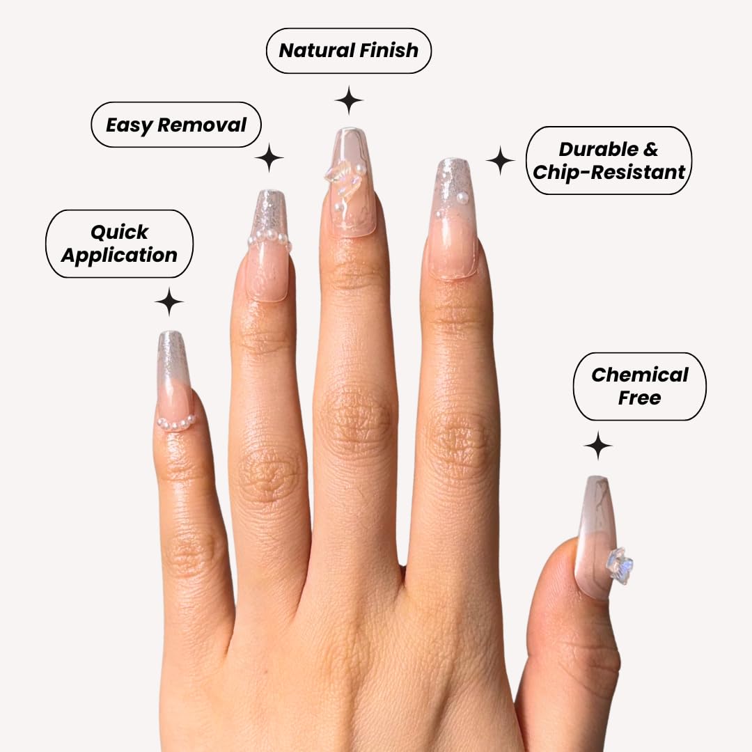 PerfectLook Press On Nails - Pearl Bloom | No Glue One-Day Nude Marble Coffin Fake Nails With Glitter & Butterfly Charms - 24 Pcs Nail Kit With Adhesive Tabs