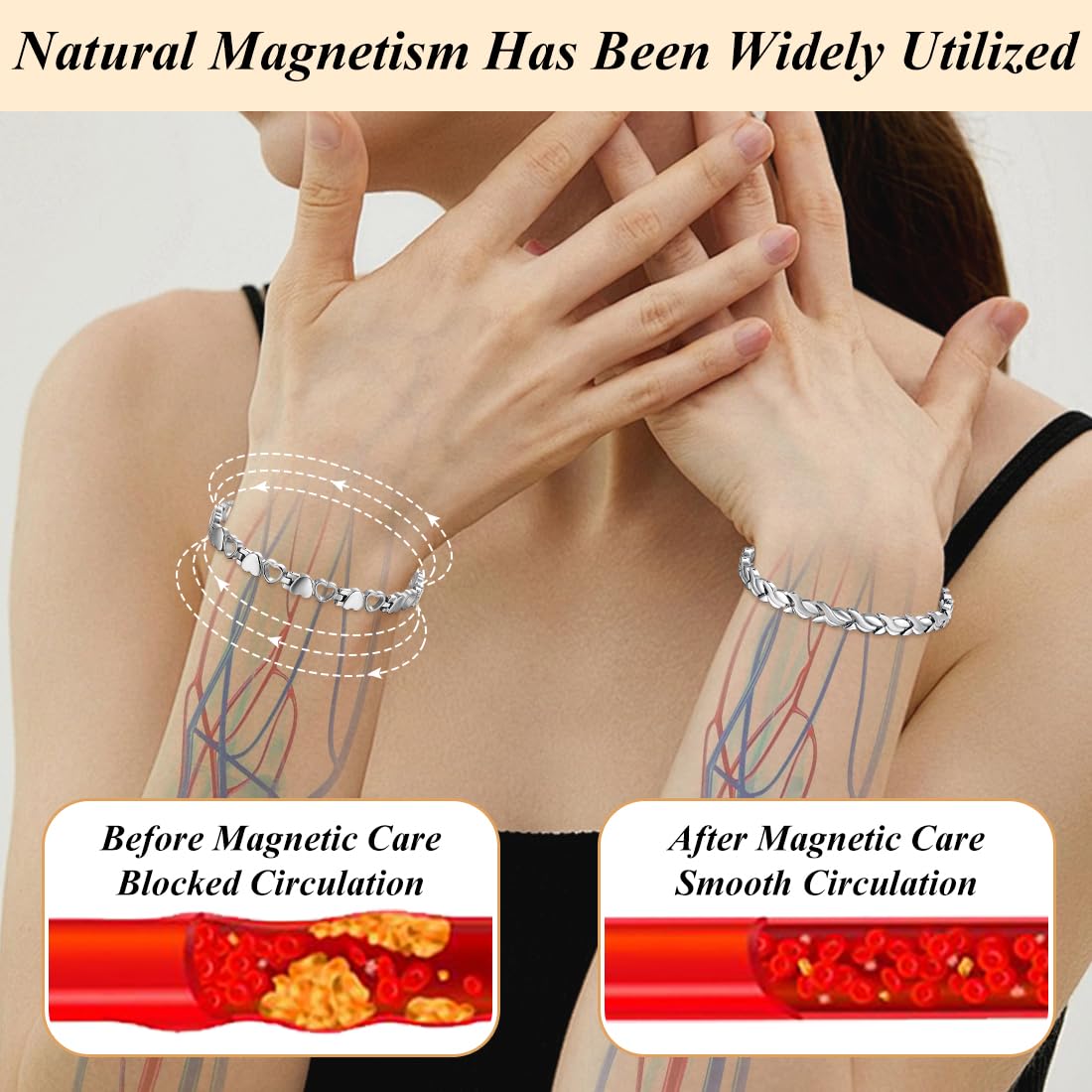 Vicmag Magnetic Titanium Bracelet for Women Steel Jewelry Gift with Adjustment Tool & Box(Silver Fishtail & Heart)