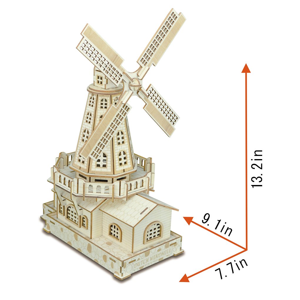 Bitopbi 3D Wooden Puzzles Laser Engraving DIY Safe Assembly Constructor Kit Toy for Teens and Adults, World Famous Buildings Mechanical 3-D Models for Self-Assembly (C2 Dutch Windmill)