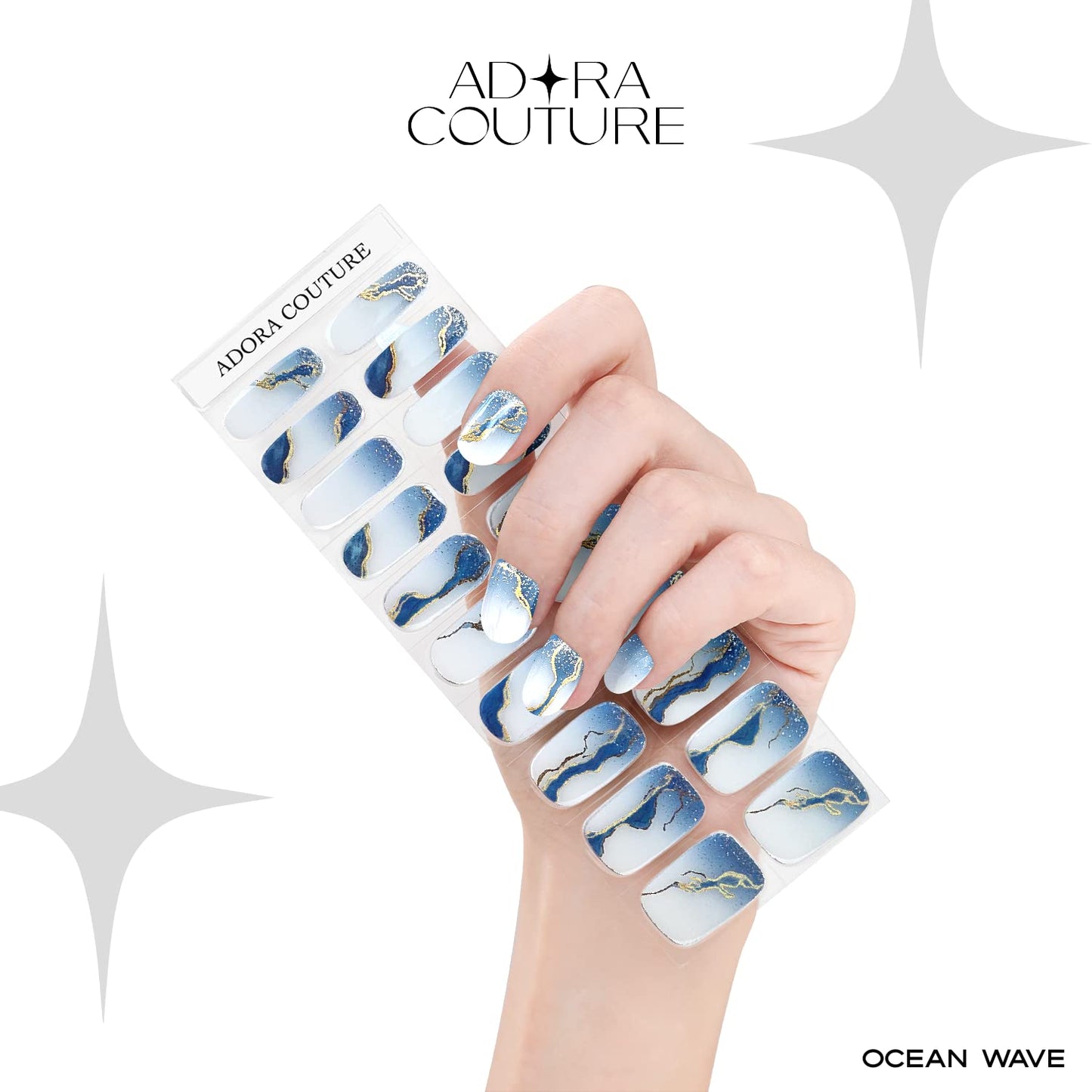 Semi-Cured Gel Nail Strips - 20 Salon-Quality Gel Sticker with UV Light Required, Long Lasting, Easy Application & Removal, Includes Prep Pad, Nail File, Wooden Stick (Blue Oceanwave)