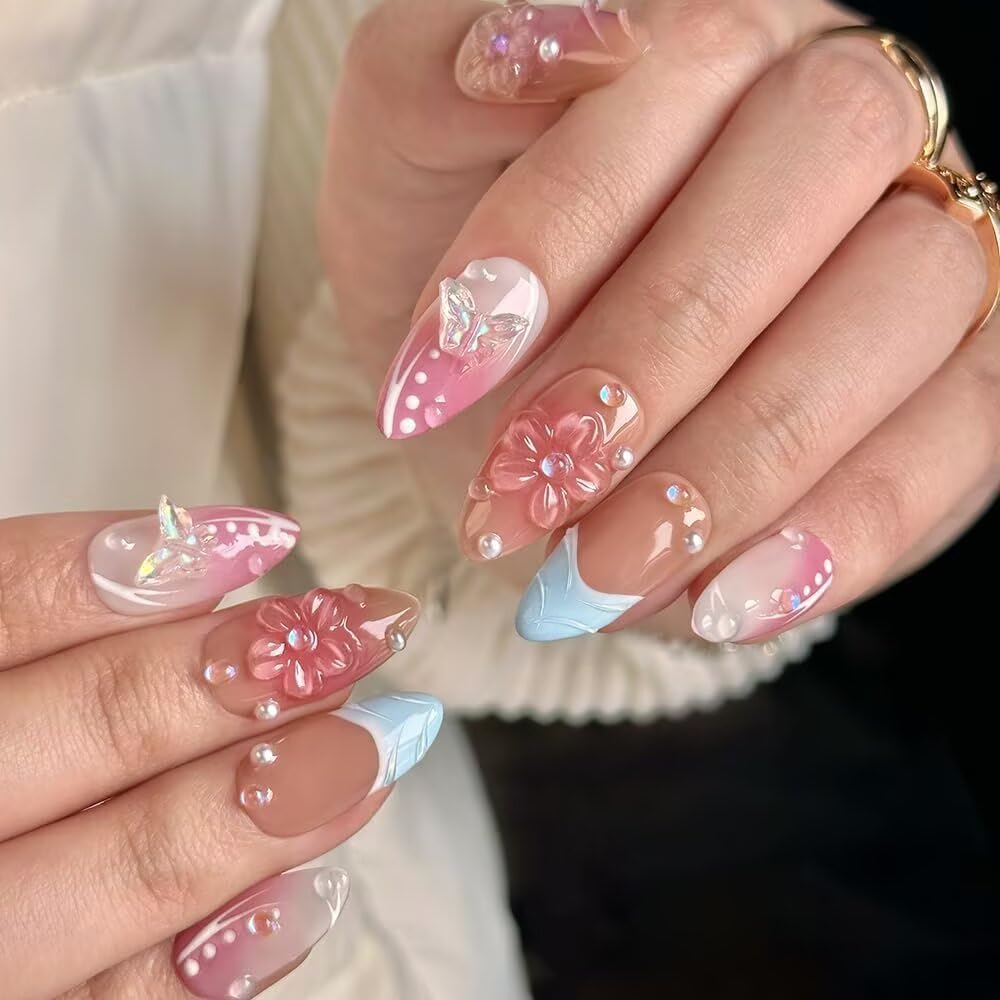 Press On Nails,Luxury Medium Almond 3D False Nails Women Reusable ABS Material Finger Printed Nail Tip French Salon Design-Medium size