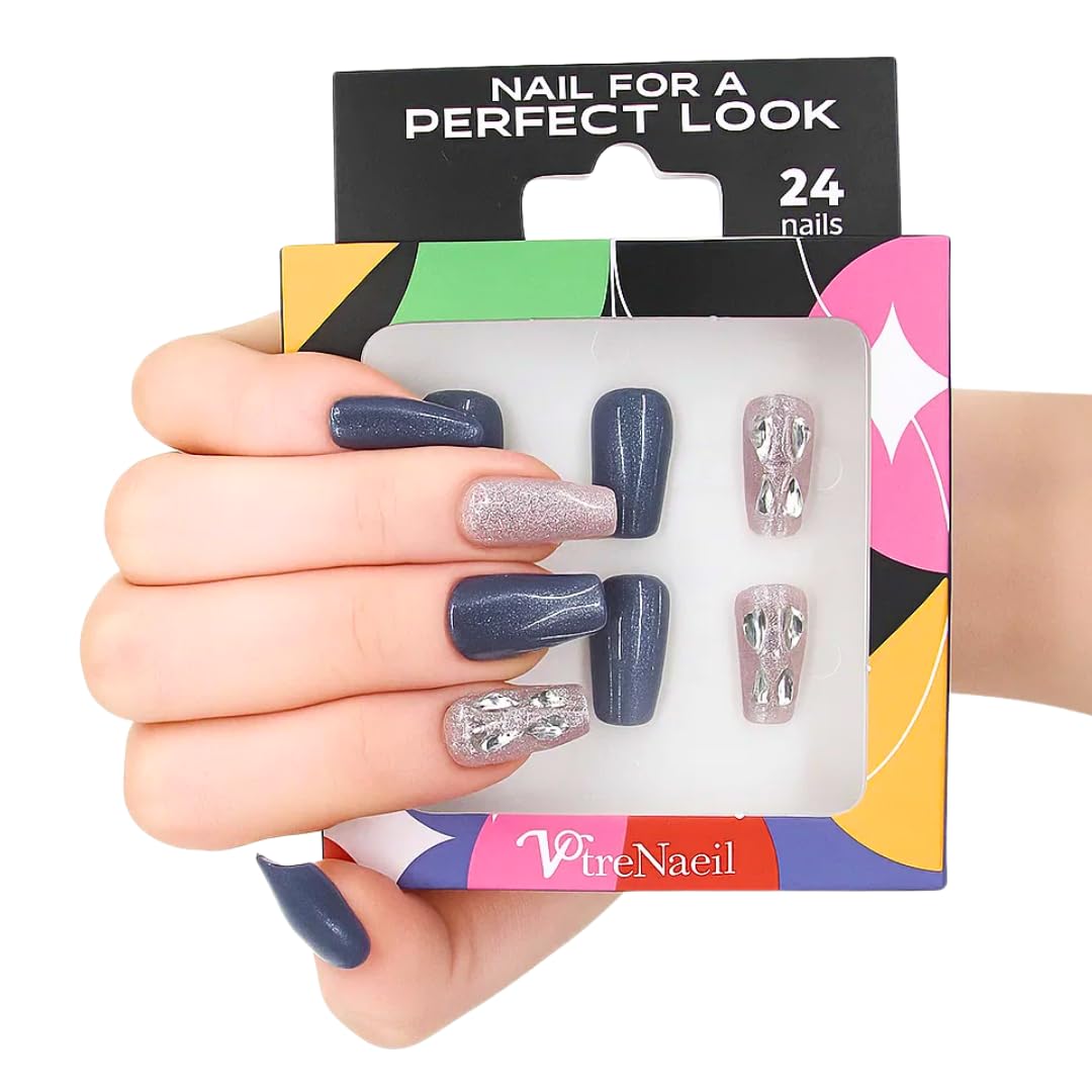 Votrenaeil Press On Nails - Starry Night | No Glue Coffin Navy Nails with Glitter & Shimmer Finish for Party - 24 Pcs Nail Kit with Adhesive Tabs