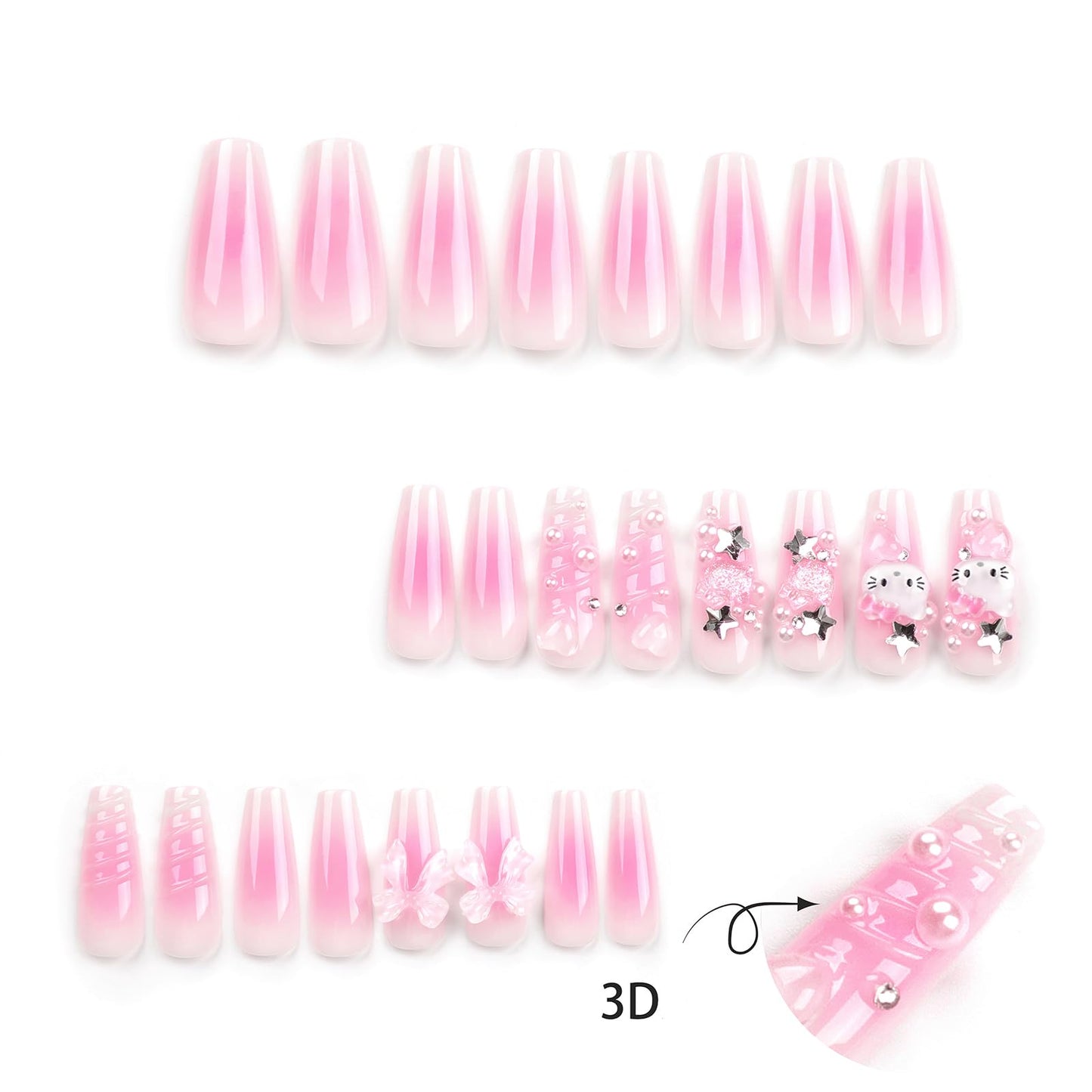 PDFADSK Pink Press on Nails Long Square Coffin Fake Nails Cartoon False Nails with 3D Pearl Nail Charms Design Acrylic Nails Full Cover Pink Artificial Nail for Women 24Pcs