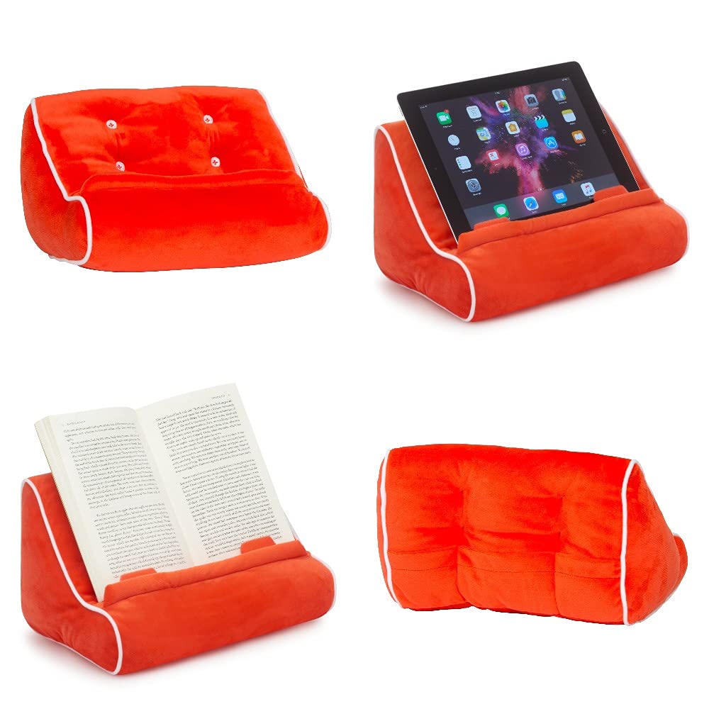 Gifts for Readers & Writers Tablet & Book Stand, Soft Reading Pillow, Book Holder with Pockets for Storage, Suitable for eReader/iPad/Kindle or Galaxy Devices, Book Couch Red