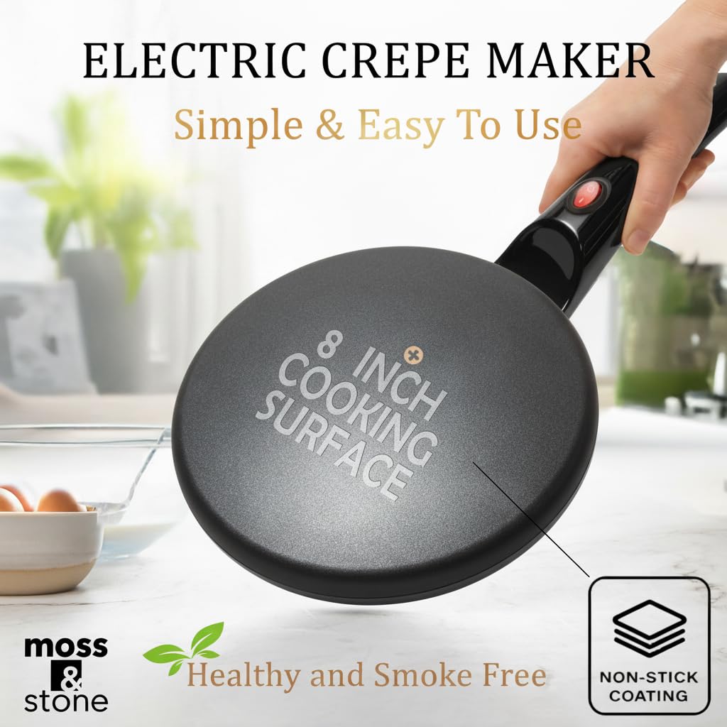 Moss & Stone Electric Crepe Maker – 8” Portable Crepe Pan Nonstick with Dipping Plate, Auto Shut-Off, On/Off Switch, Even Heating & One Automatic Temperature Control – Compact Crepe Maker