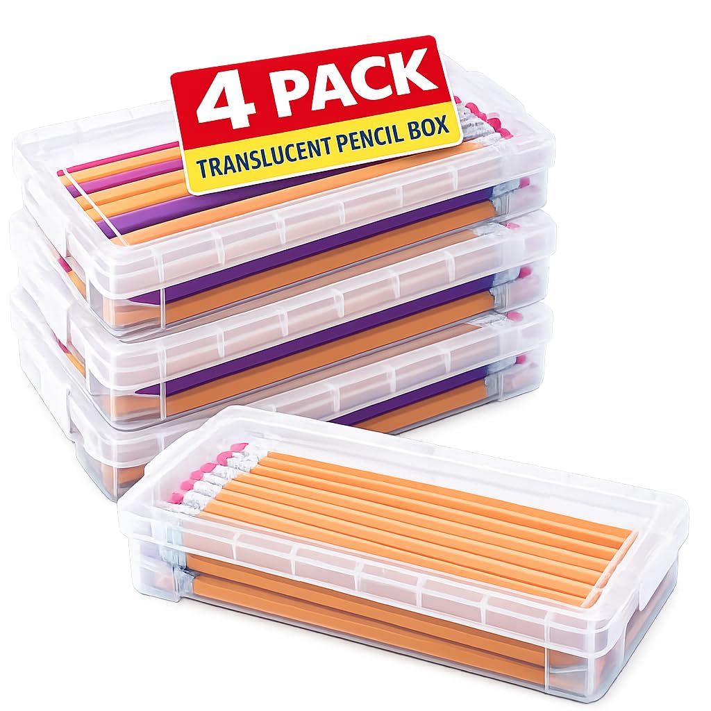 1InTheOffice Pencil Box, Stackable Translucent Clear 8.25 x 1.5 x 4 Inches, (4 Pack)