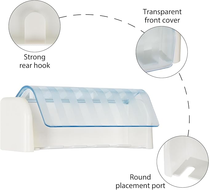 5 Slots Wall Mount Toothbrush Holder with Cover, Self Adhesive Toothbrush Storage Organizer for Shower, Toothbrush Hanger for Bathroom, Medicine Cabinet, Dorm(White + Blue)